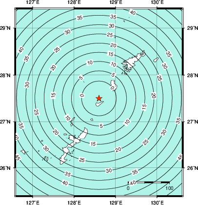 緊急地震速報第1報提供から主要動到達までの時間及び推計震度分布図