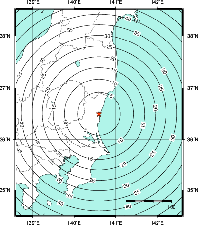 緊急地震速報第1報提供から主要動到達までの時間及び推計震度分布図