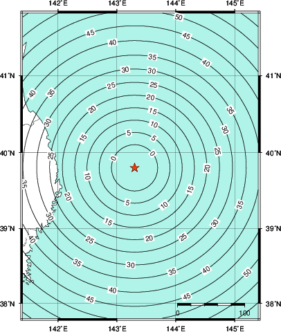 緊急地震速報第1報提供から主要動到達までの時間及び推計震度分布図