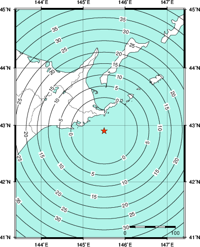 緊急地震速報第1報提供から主要動到達までの時間及び推計震度分布図