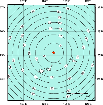 緊急地震速報第1報提供から主要動到達までの時間及び推計震度分布図
