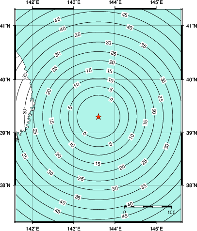 緊急地震速報第1報提供から主要動到達までの時間及び推計震度分布図