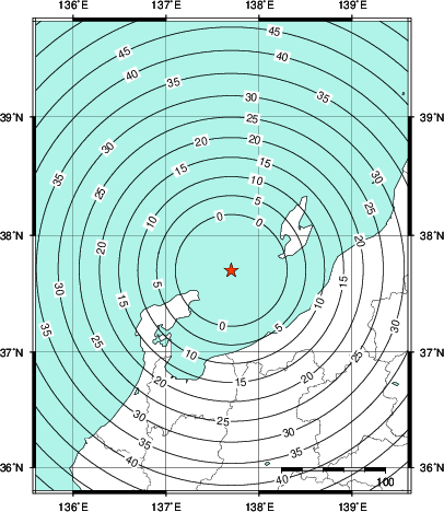 緊急地震速報第1報提供から主要動到達までの時間及び推計震度分布図