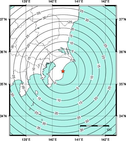 緊急地震速報第1報提供から主要動到達までの時間及び推計震度分布図