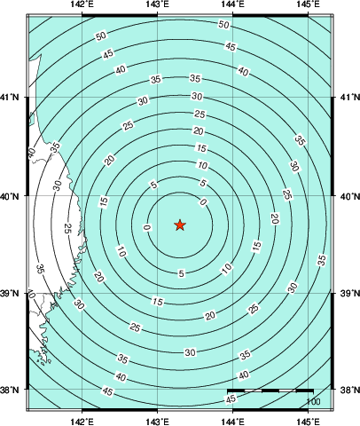 緊急地震速報第1報提供から主要動到達までの時間及び推計震度分布図