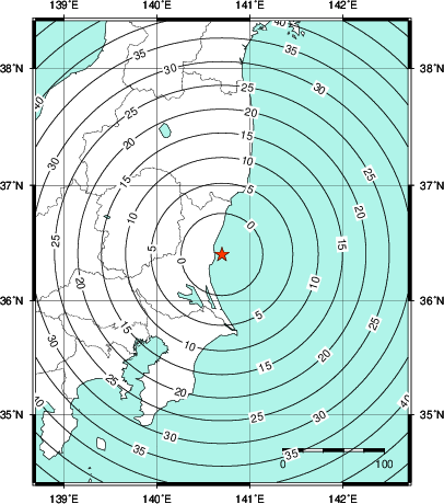 緊急地震速報第1報提供から主要動到達までの時間及び推計震度分布図