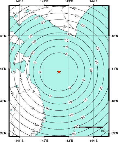 緊急地震速報第1報提供から主要動到達までの時間及び推計震度分布図