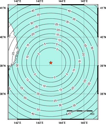 緊急地震速報第1報提供から主要動到達までの時間及び推計震度分布図