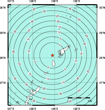 緊急地震速報第1報提供から主要動到達までの時間及び推計震度分布図