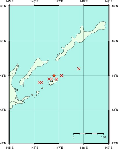 推定した震源の位置