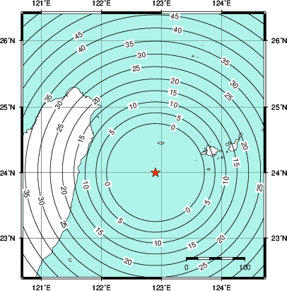 緊急地震速報第1報提供から主要動到達までの時間及び推計震度分布図