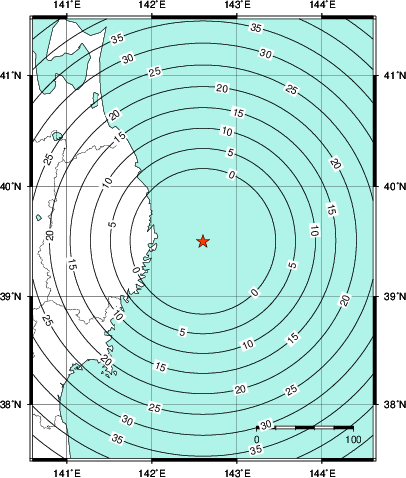 緊急地震速報第1報提供から主要動到達までの時間及び推計震度分布図