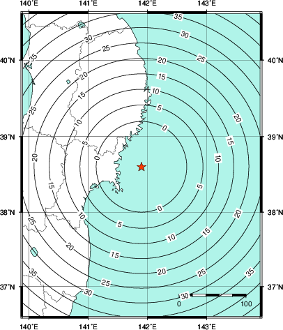 緊急地震速報第1報提供から主要動到達までの時間及び推計震度分布図