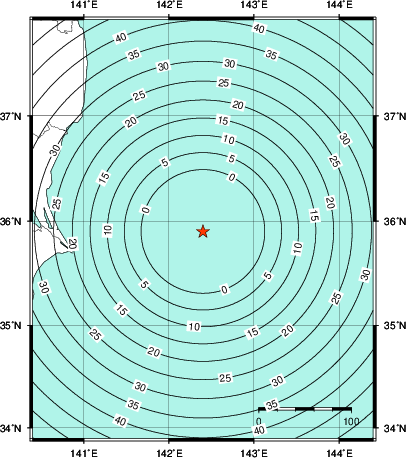 緊急地震速報第1報提供から主要動到達までの時間及び推計震度分布図