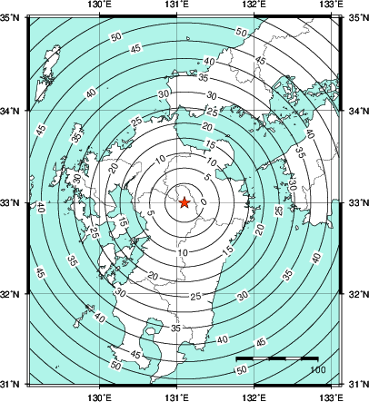 緊急地震速報第1報提供から主要動到達までの時間及び推計震度分布図