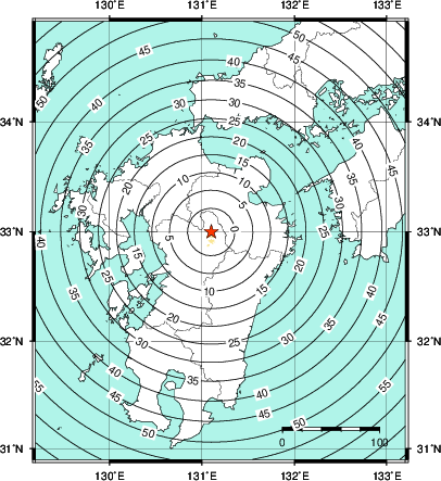 緊急地震速報第1報提供から主要動到達までの時間及び推計震度分布図