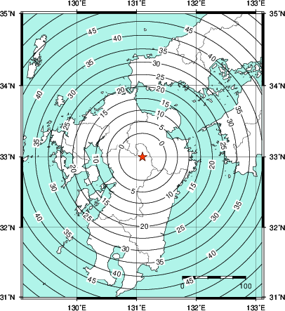 緊急地震速報第1報提供から主要動到達までの時間及び推計震度分布図