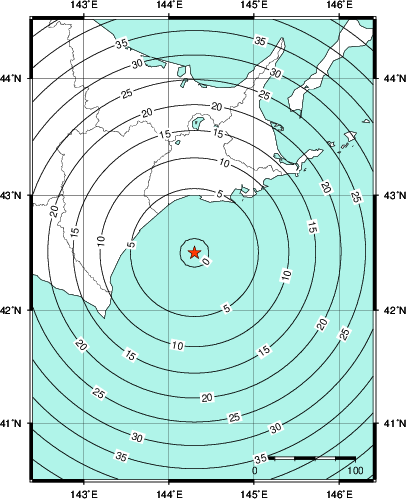 緊急地震速報第1報提供から主要動到達までの時間及び推計震度分布図
