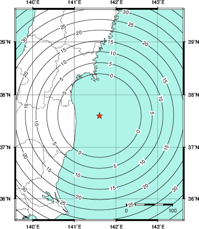 緊急地震速報第1報提供から主要動到達までの時間及び推計震度分布図