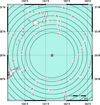 緊急地震速報第1報提供から主要動到達までの時間及び推計震度分布図