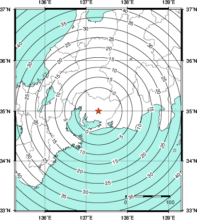 緊急地震速報第1報提供から主要動到達までの時間及び推計震度分布図