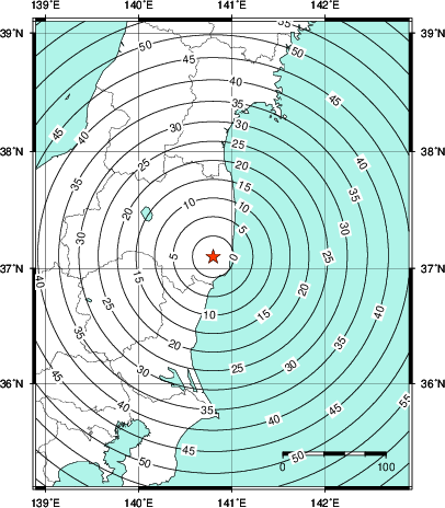 緊急地震速報第1報提供から主要動到達までの時間及び推計震度分布図