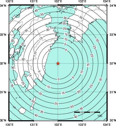 緊急地震速報第1報提供から主要動到達までの時間及び推計震度分布図