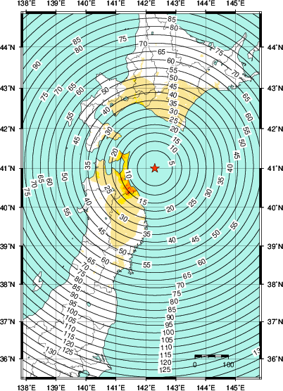 緊急地震速報第1報提供から主要動到達までの時間及び推計震度分布図