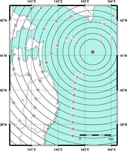 緊急地震速報第1報提供から主要動到達までの時間及び推計震度分布図