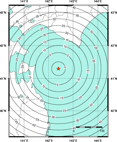 緊急地震速報第1報提供から主要動到達までの時間及び推計震度分布図