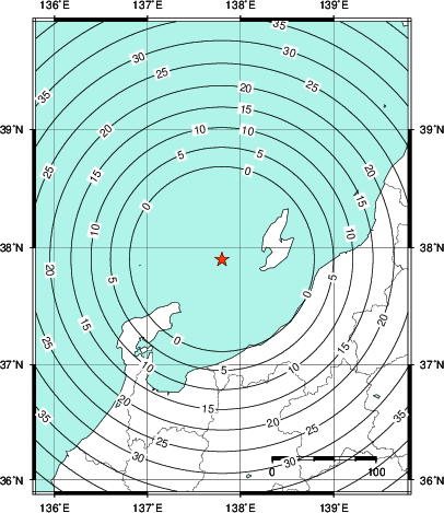 緊急地震速報第1報提供から主要動到達までの時間及び推計震度分布図