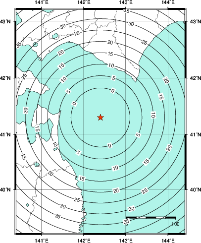 緊急地震速報第1報提供から主要動到達までの時間及び推計震度分布図