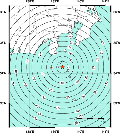 緊急地震速報第1報提供から主要動到達までの時間及び推計震度分布図