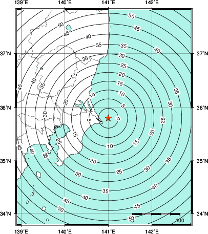 緊急地震速報第1報提供から主要動到達までの時間及び推計震度分布図
