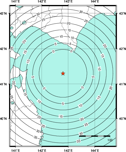 緊急地震速報第1報提供から主要動到達までの時間及び推計震度分布図