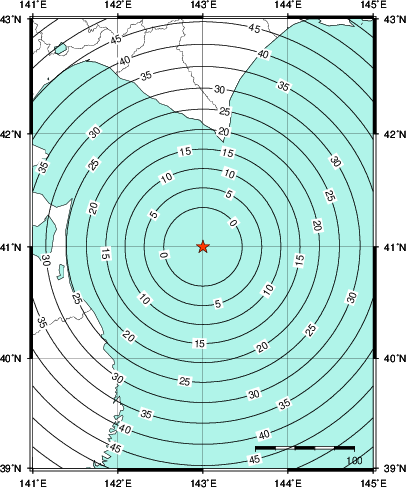 緊急地震速報第1報提供から主要動到達までの時間及び推計震度分布図