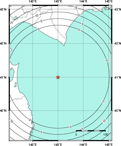 緊急地震速報第1報提供から主要動到達までの時間及び推計震度分布図