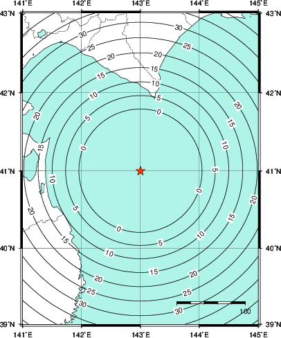 緊急地震速報第1報提供から主要動到達までの時間及び推計震度分布図