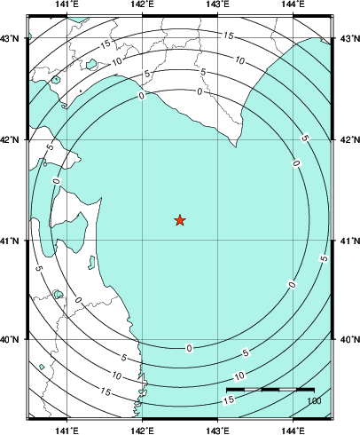 緊急地震速報第1報提供から主要動到達までの時間及び推計震度分布図