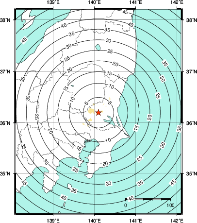 緊急地震速報第1報提供から主要動到達までの時間及び推計震度分布図