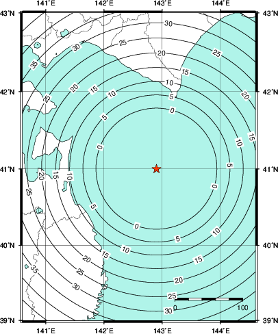 緊急地震速報第1報提供から主要動到達までの時間及び推計震度分布図