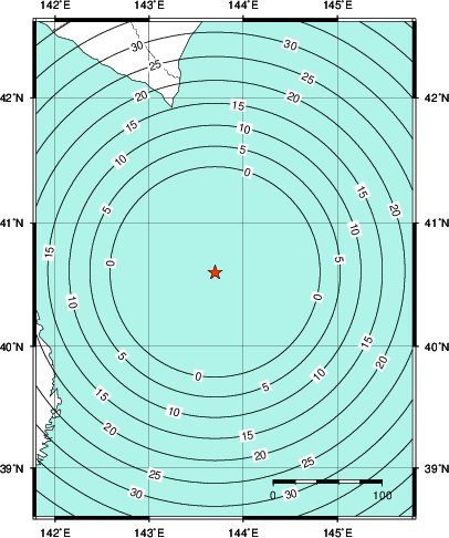 緊急地震速報第1報提供から主要動到達までの時間及び推計震度分布図