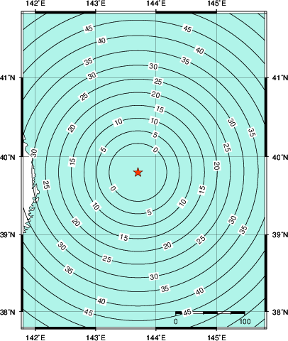 緊急地震速報第1報提供から主要動到達までの時間及び推計震度分布図