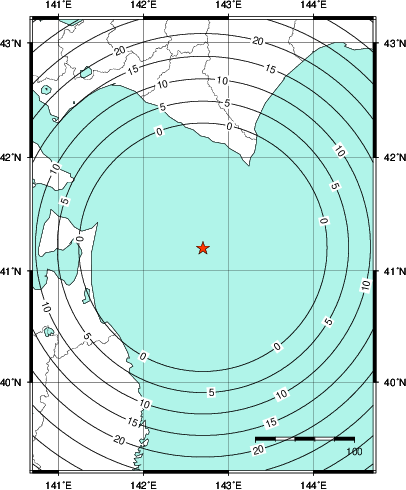 緊急地震速報第1報提供から主要動到達までの時間及び推計震度分布図