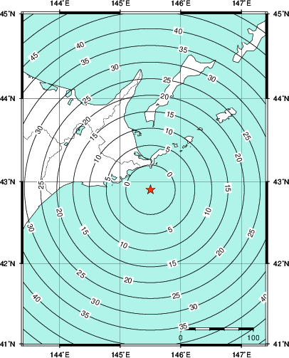 緊急地震速報第1報提供から主要動到達までの時間及び推計震度分布図