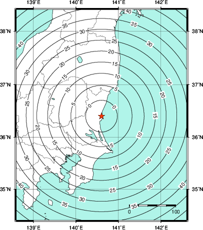 緊急地震速報第1報提供から主要動到達までの時間及び推計震度分布図