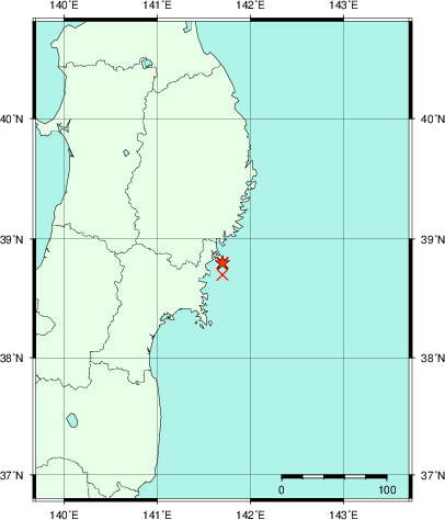推定した震源の位置
