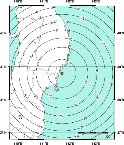 緊急地震速報第1報提供から主要動到達までの時間及び推計震度分布図