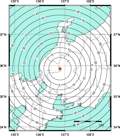 緊急地震速報第1報提供から主要動到達までの時間及び推計震度分布図