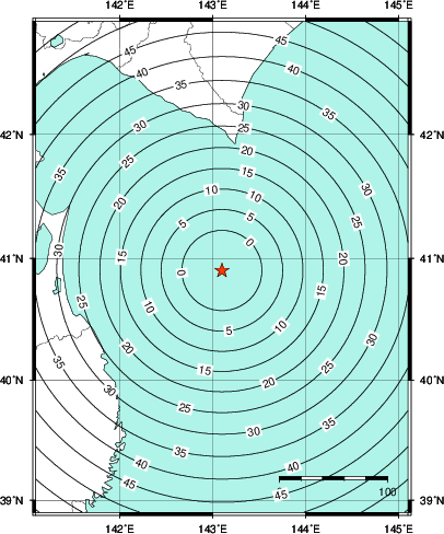 緊急地震速報第1報提供から主要動到達までの時間及び推計震度分布図